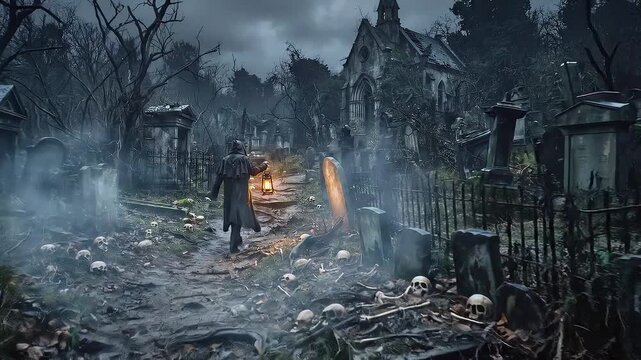 Vista nocturna e hiperrealista de un antiguo cementerio bajo la luna llena, con densa niebla y murci&eacute;lagos sobrevolando las tumbas en una noche de Halloween.
