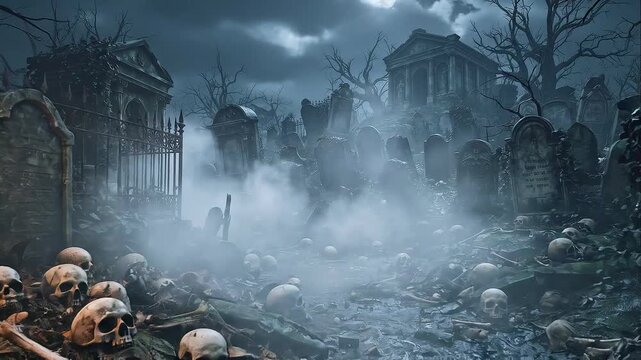 Vista nocturna e hiperrealista de un antiguo cementerio bajo la luna llena, con densa niebla y murci&eacute;lagos sobrevolando las tumbas en una noche de Halloween.
