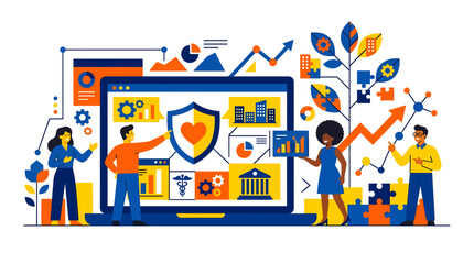 Fototapeta premium Dynamic business illustration with diverse professionals interacting around a large laptop displaying wellness and financial charts, concept for B2B employee benefits, ideal for corporate