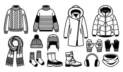Winter Fashion Set Knitted Sweater Coat Jacket Scarf Hat Gloves Boots Accessories Cold Weather Outline Vector Illustration © MdShagarAli