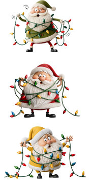 A cartoon Santa Claus gets caught in a string of light bulbs, isolated on a white background.
