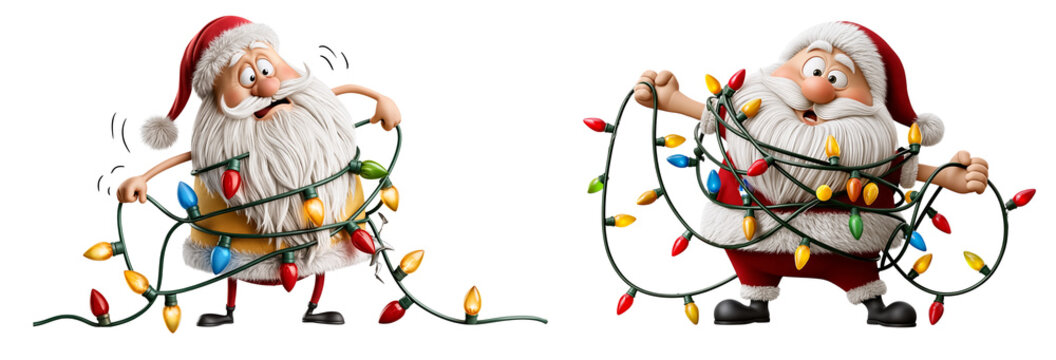 A cartoon Santa Claus gets caught in a string of light bulbs, isolated on a white background.