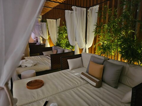 Relaxation area with comfortable seating and green plants