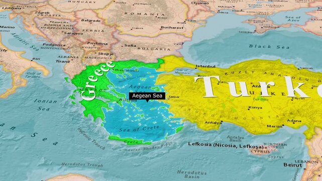 Aegean Sea Map Between Greece And Turkey Countries Animation