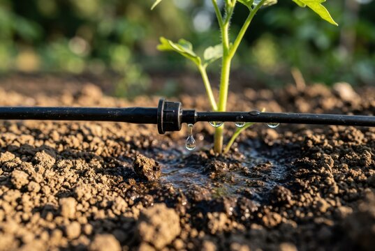 Drip irrigation waters young seedling in fertile soil