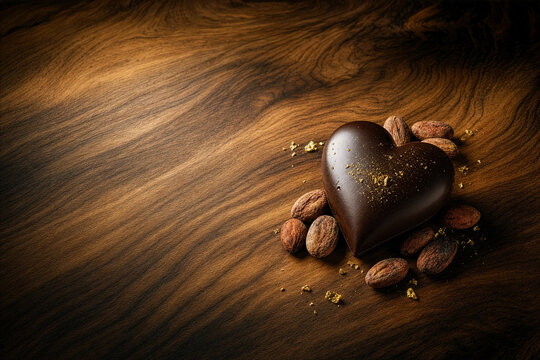 Valentine 301 Heart Shaped Dark Chocolate with Gold Dust and Cocoa Beans on Dark Wooden Table（ダークブラウンの木目テーブルの上に置かれた金箔がかかったハート型ダークチョコレートとカカオ豆）