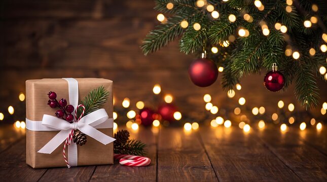 A brown Christmas gift box, wrapped in kraft paper and tied with a white ribbon, sits under the Christmas tree in a cozy, festive setting.