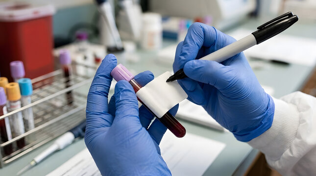 Lab Technician Writing Sample Label on Blood Test Tube | Medical Laboratory Analysis | Phlebotomy Tube Marking