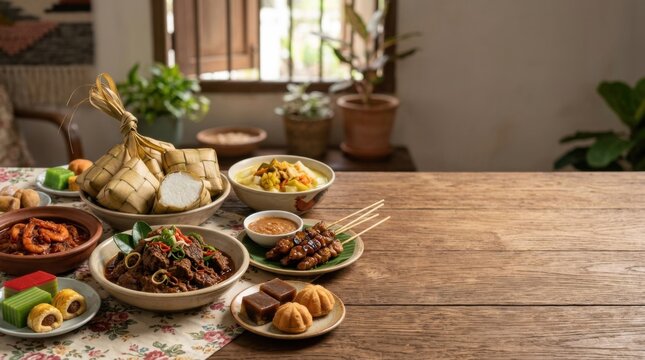 Hari Raya Feast: Traditional Malaysian Dishes Laid Out on a Rustic Wooden Table