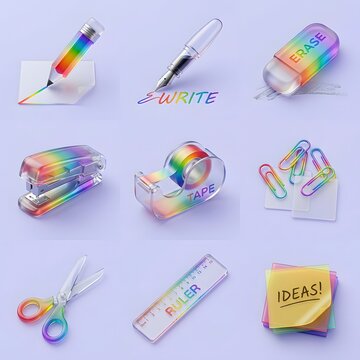 3D translucent rainbow office stationery set with pencil pen stapler scissors and ruler