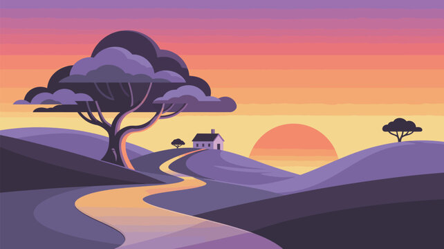 Vibrant sunset casts a dreamy glow over rolling hills, a lonely house, and winding road