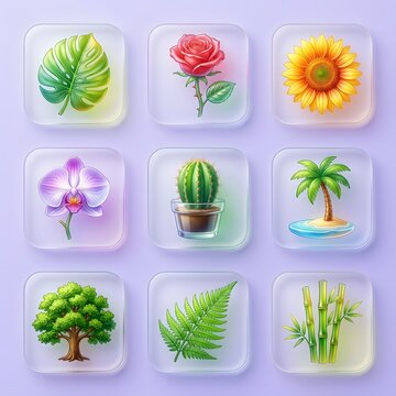 Glassmorphism plant icons set featuring monstera rose sunflower orchid cactus palm tree fern bambo