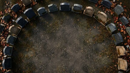 Fototapeta premium Aerial view of a circular graveyard with tombstones and autumn leaves on the ground.
