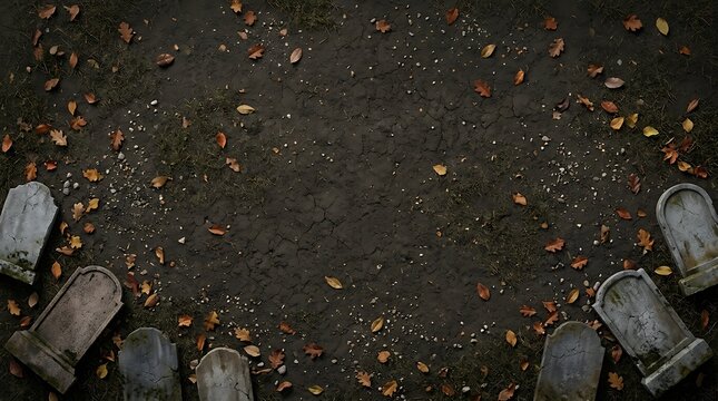 Spooky Halloween cemetery background with old tombstones and fallen autumn leaves top view