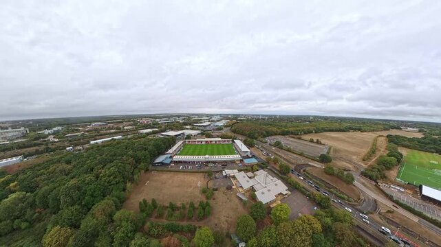 Sports and Venues: 4K Aerial Drone View of Broadhall Way Football Stadium in Stevenage, Hertfordshire, England