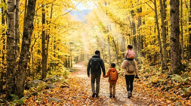 Family hiking on a forest trail during a sunny autumn afternoon