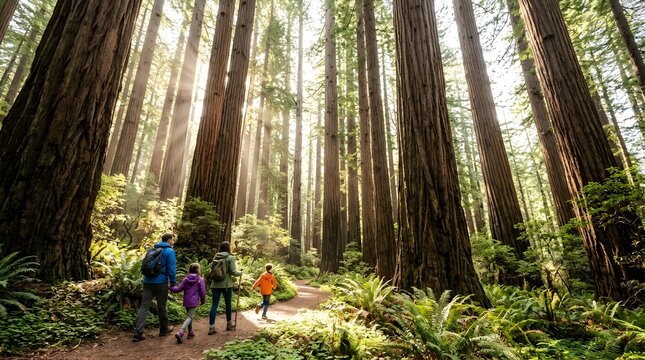 Family hiking on dirt path through sunlit tall redwood forest trees