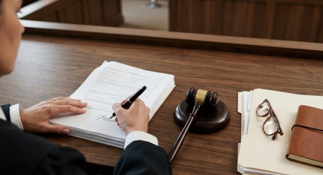 Judge's Hand Signing Legal Document Beside Gavel in Courtroom