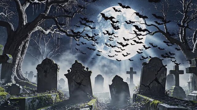Vista nocturna e hiperrealista de un antiguo cementerio bajo la luna llena, con densa niebla y murci&eacute;lagos sobrevolando las tumbas en una noche de Halloween.