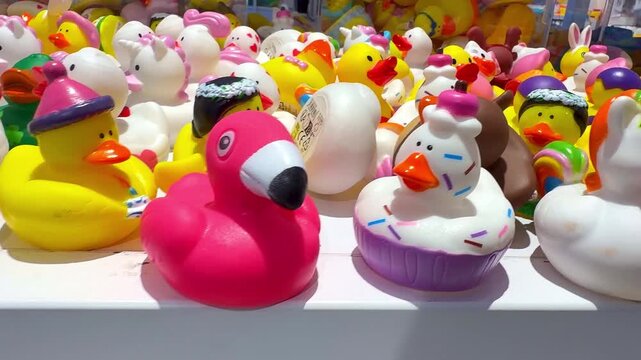 Camera smoothly pans across a store display showcase revealing a vibrant collection of novelty rubber bath ducks styled as various characters including a flamingo, unicorn, cupcake, and princess