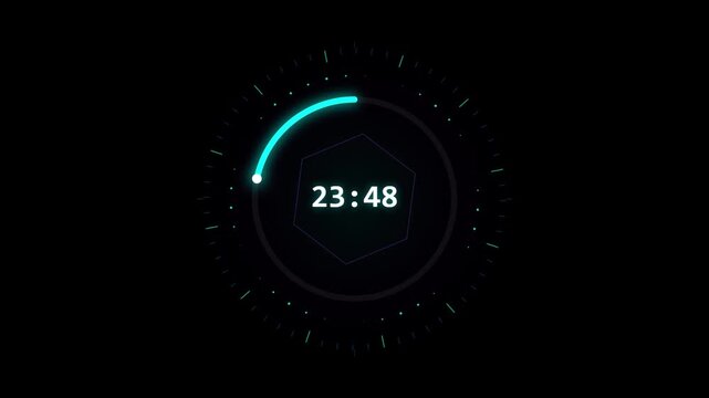 Futuristic digital countdown timer with HUD interface. Neon blue circular progress bar on black background. Sci-fi clock display for technology videos.