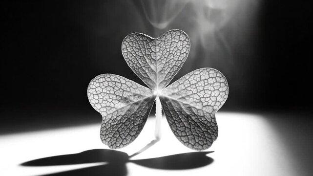 Black and white close up of a stylized three leaf clover in the light with shadow on a white surface