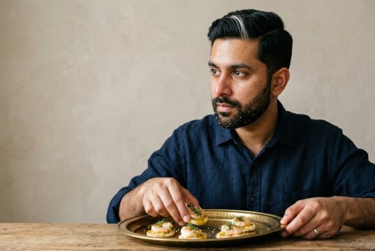 Appetizer tasting portrait of a man serving elegant hors d oeuvre