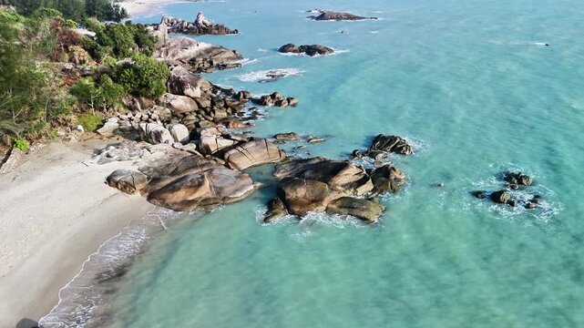 panoramic view of tropical paradise beach with turquoise ocean, peaceful shoreline and scenic landscape for dream holiday exploration