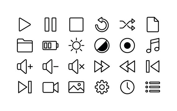Media User Interface, line icon set featuring play button, pause button, stop button, replay arrow, shuffle arrows, file, folder, battery, brightness sun, contrast circle, record button and music