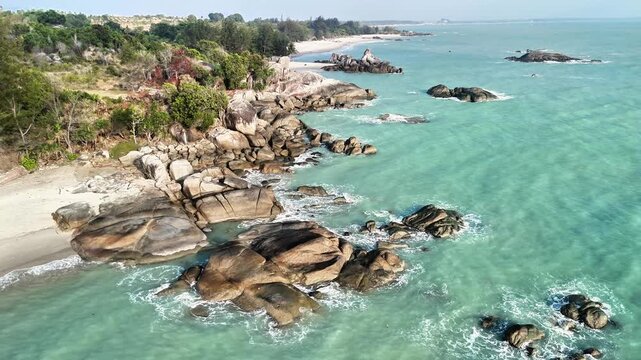 panoramic view of tropical paradise beach with turquoise ocean, peaceful shoreline and scenic landscape for dream holiday exploration