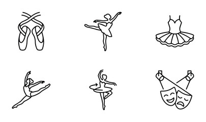 Ballet Icons Set: Dancer Poses, Pointe Shoes, Tutu, Stage Masks, Vector Graphics © Tasin