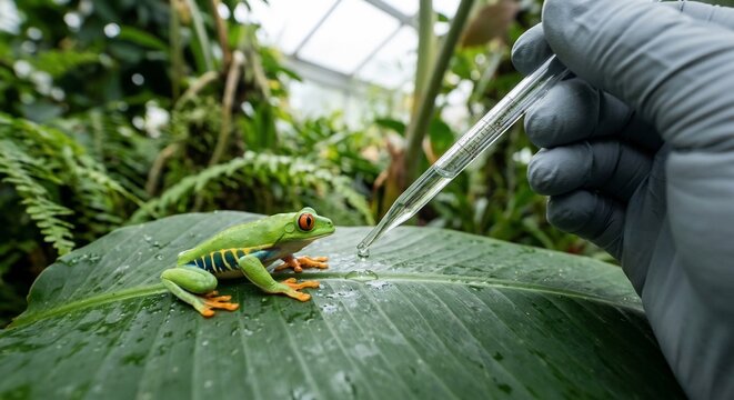 Scientist hand with pipette dripping water on green tree frog resting on leaf