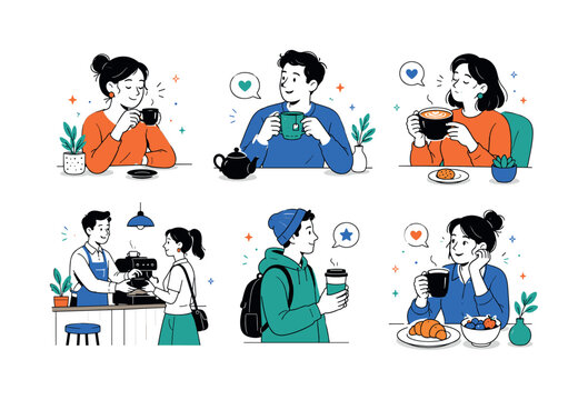 Coffee Break Scenes &mdash; colorful editorial illustration set, exact quantity: 6 mini scenes showing espresso cup, tea mug, cappuccino break, caf&eacute; counter, reusable takeaway cup and breakfast coffee, each