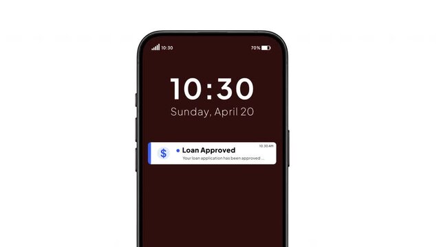 Loan Approval Notification Animation on Smartphone Lock Screen for Financial Application, Approved Loan and Mobile Banking