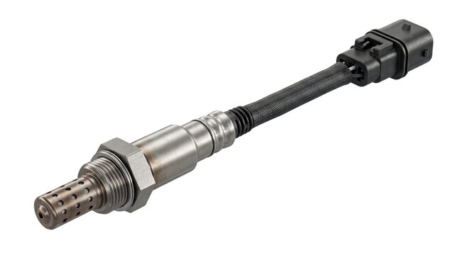 Car lambda sensor featuring an elongated cable and electronic plug sits against a plain transparent studio backdrop.