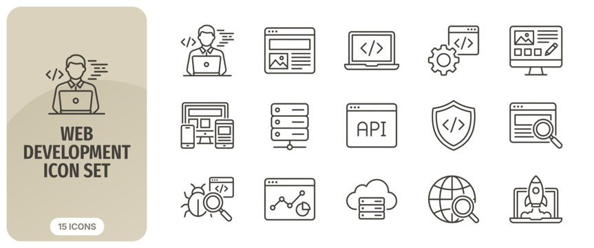 Web development icon set, thin line style, programming, coding, software development, website design, server, api, security, analytics, and launch icons for web and mobile apps