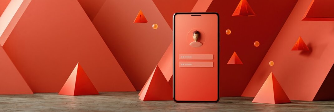 Minimal red smartphone login scene with geometric pyramid shapes for app background banner design and interface mockup