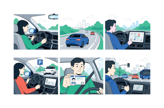 Driving Mobility Symbols &mdash; colorful editorial illustration set, not icons, create 6 mini scenes showing steering, road travel, navigation, parking, driving license, and commuting, arranged in a 3x2