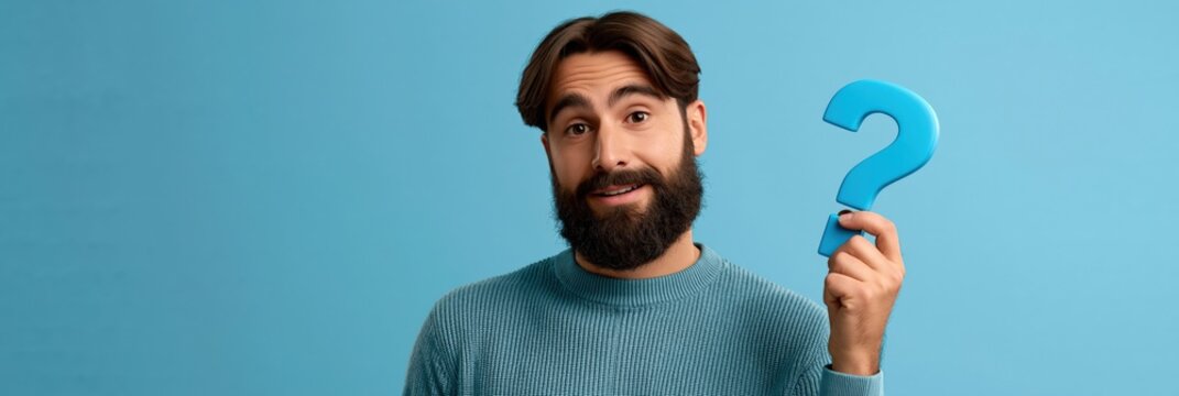 Young bearded man holding a blue question mark prop on a turquoise background for faq banner design customer support and help concept