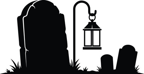 Tombstone with hanging lantern silhouette vector illustration for graveyard and halloween spooky graveyard design concepts © Mst Ambia
