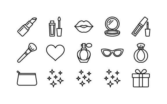 Lipstick Fashion Symbols, line icon set featuring lipstick tube, lip gloss, kiss mark symbol, compact mirror, makeup brush, heart, perfume bottle, sunglasses, cosmetic bag, sparkle, rose, and gift