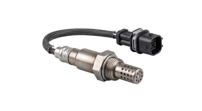 Automotive oxygen sensor component with wire harness rests against a transparent backdrop.
