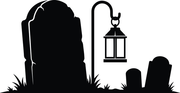 Tombstone with hanging lantern silhouette vector illustration for graveyard and halloween spooky graveyard design concepts