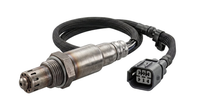 Lambda sensor for vehicle exhaust system lies isolated on a clean transparent surface.