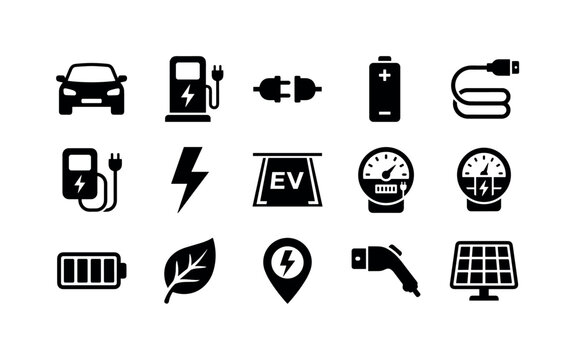 Electric Vehicle Charging, solid glyph icon set featuring electric car, charging station, plug, battery, lightning bolt, charging cable, home charger, parking bay, power meter, solar panel, leaf,