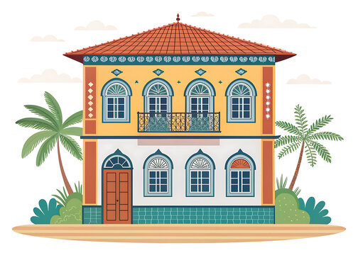 Goan Portuguese Indian villa  colorful facade  arched windows  tiled roof  decorative balcony  premium vector illustration 