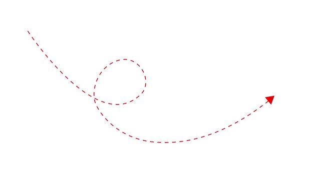 Red dashed arrow loop path on a white background a line creates a circular ending in an point on a clean dashed line trajectory direction indicator curve dashed line trajectory direction indicator