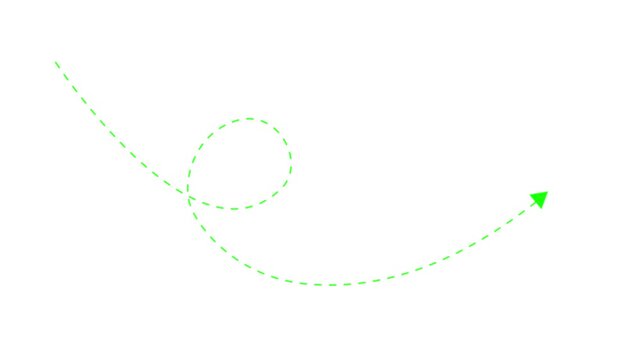 Lime green dashed arrow loop trajectory on a white background a bright line illustrating a looping path ending in an on a plain dashed line path direction indicator curve