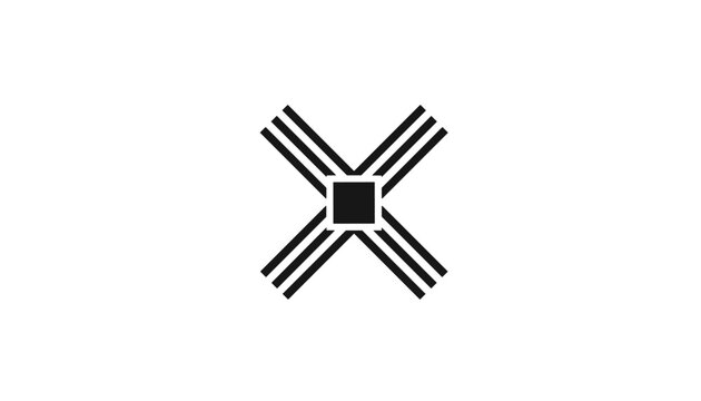 Abstract black geometric logo showing an X shape made of parallel lines intersecting a central square icon.