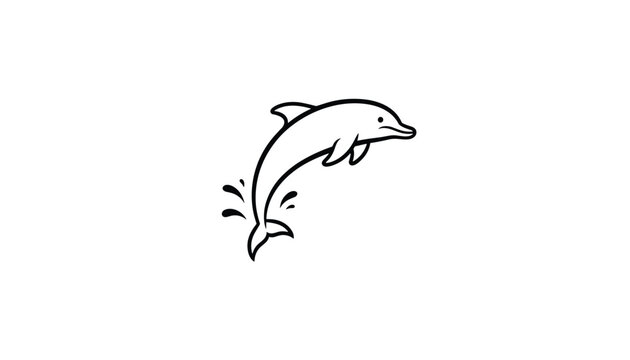 Black ink drawing of a dolphin jumping out of the water with splashes isolated on a plain white background.